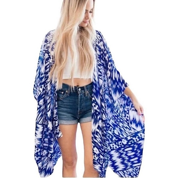 MICHAEL STARS Ruana Scarf Batik Blue Sarong Swim Cover-up Kimono OS boho - Picture 1 of 10